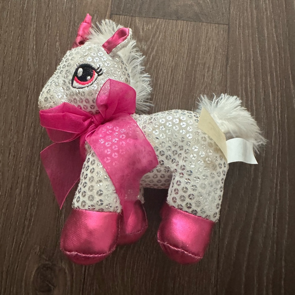 Dan Dee Silver Unicorn Plush with Pink Bow